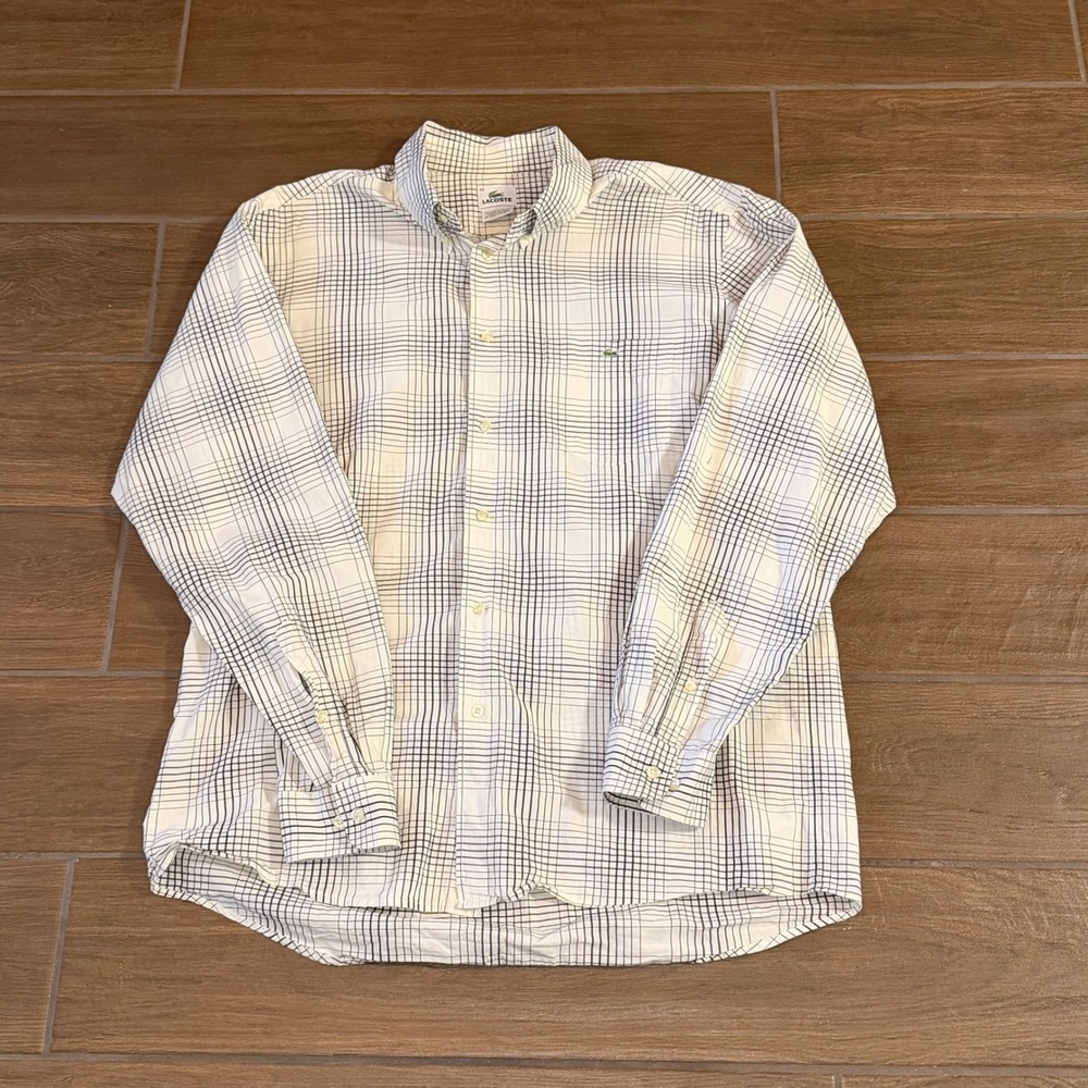 Lacoste Mens Plaid Button Down Shirt White Blue Grid Check Size 42 L Long Sleeve